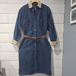 VTG 90s Calvin Klein Denim Duster Dress Corduroy Collar Cuffs Belted Small